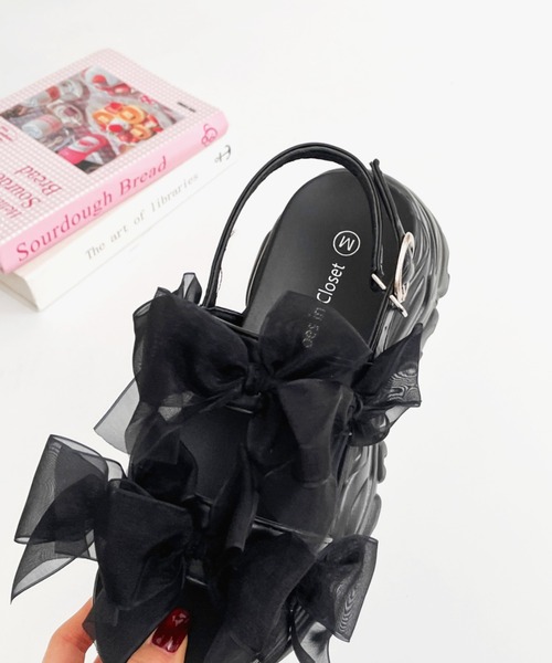 Shoes in Closet(シューズインクローゼット)の「超軽量 厚底 ボリュームソール シアー リボン サンダル 5483(サンダル・レディース・アイボリー/ブラック×ブラック/ホワイト系3/ブラック系3・L/M/S/LL)」の14枚目の写真