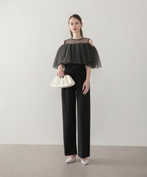 【LEJA】シアーチュールオフショルダーセットアップパンツドレス2点セット 美脚効果結婚式 パーティードレス 成人式 二次会 同窓会 お呼ばれ オケージョン 20代 30代