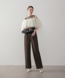 【LEJA】シアーチュールオフショルダーセットアップパンツドレス2点セット 美脚効果結婚式 パーティードレス 成人式 二次会 同窓会 お呼ばれ オケージョン 20代 30代
