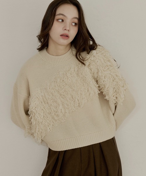OLUN(オルン)の「fringe knit/フリンジニット(ニット/セーター・レディース・カーキ/アイボリー/クリーム・FREE)」の1枚目の写真