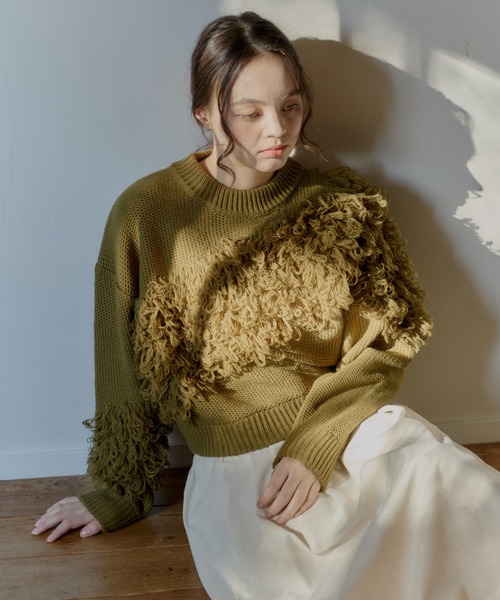 OLUN(オルン)の「fringe knit/フリンジニット(ニット/セーター・レディース・カーキ/アイボリー/クリーム・FREE)」の9枚目の写真
