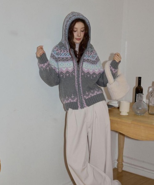 セール】フェアアイル柄ジップアップニットカーディガン（ニット