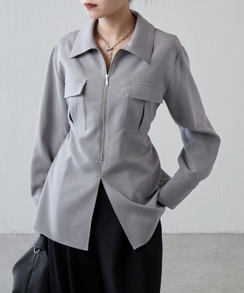 Lui's（ルイス）の「ダブルクロス前ポケットZIPシャツ（シャツ/ブラウス・レディース・グレー/ブラック・FREE）」の2枚目の写真