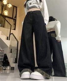 豹柄切り替えデニムパンツ