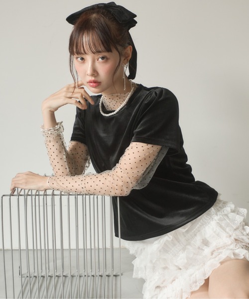 Nadana(ナダナ)の「ドットインナーセットベロアトップス(Tシャツ/カットソー・レディース・ブラック/ブラウン・FREE)」の1枚目の写真