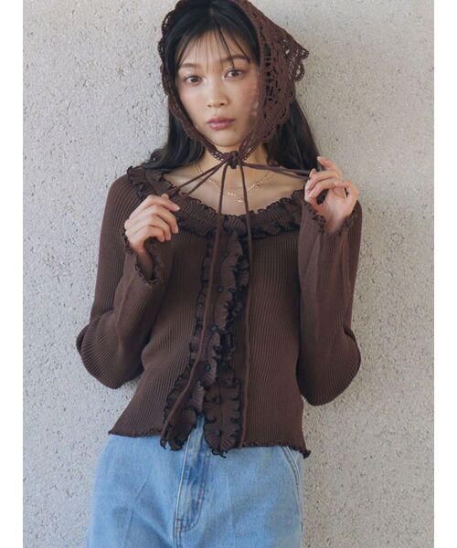 LAGUNAMOON(ラグナムーン)の「リブフリルカーデニットプルオーバー(ニット/セーター・レディース・ライトブルー/ブラウン/ホワイト・FREE)」の1枚目の写真