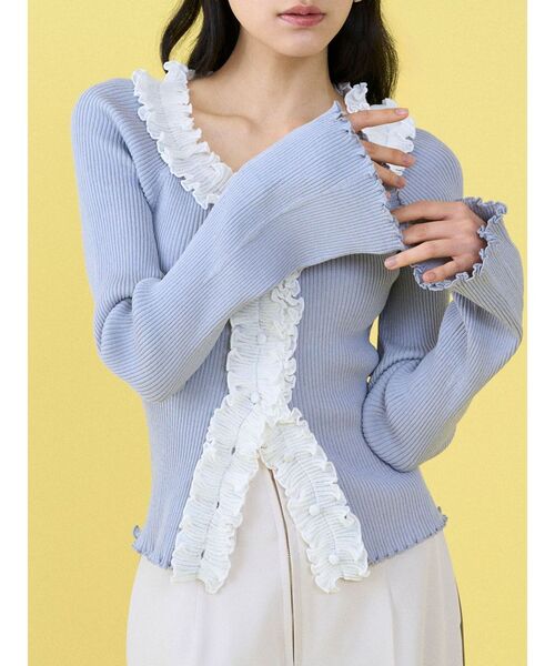 LAGUNAMOON(ラグナムーン)の「リブフリルカーデニットプルオーバー(ニット/セーター・レディース・ライトブルー/ブラウン/ホワイト・FREE)」の6枚目の写真