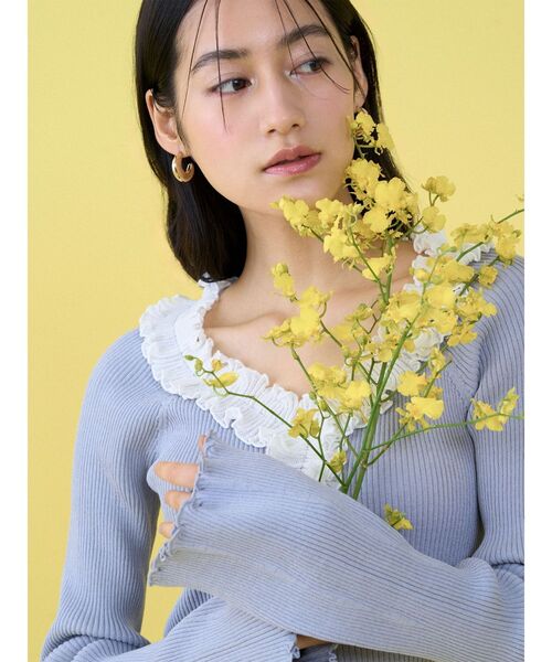 LAGUNAMOON(ラグナムーン)の「リブフリルカーデニットプルオーバー(ニット/セーター・レディース・ライトブルー/ブラウン/ホワイト・FREE)」の7枚目の写真