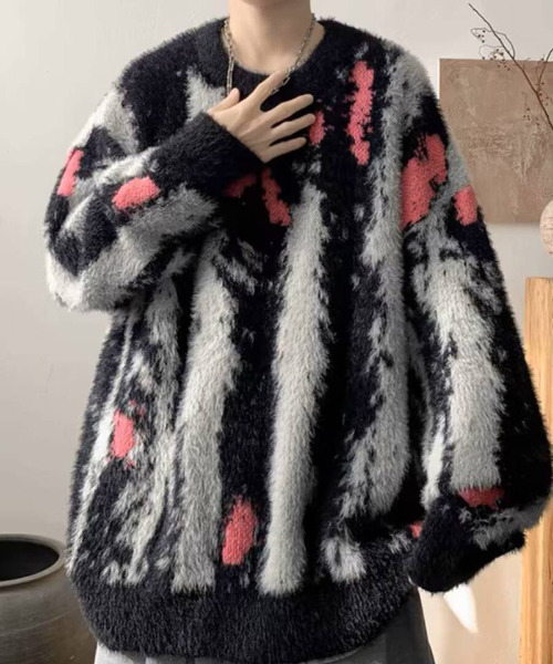 FVLMEN（フルメン）の「【FVLMEN】マーブル ストライプ シャギー ニット プルオーバー（ニット/セーター・メンズ・ブラック/ホワイト・MEDIUM/LARGE/X-LARGE）」の2枚目の写真