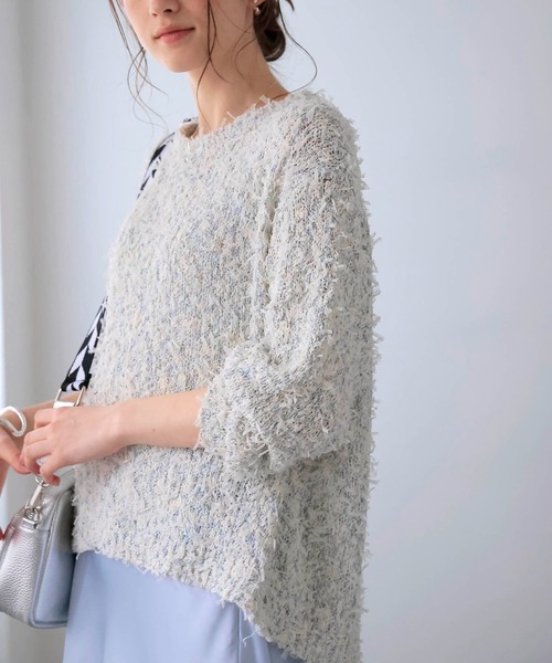 Jines(ジネス)の「リボンチュールニット(ニット/セーター・レディース・ブルー/ブラック・38)」の1枚目の写真