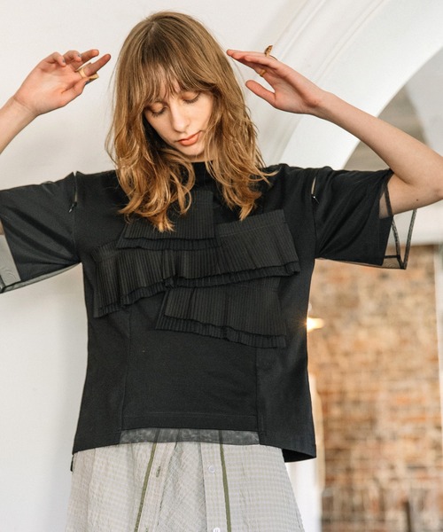 AULA AILA（アウラアイラ）の「プリーツフリルＴシャツ（Tシャツ/カットソー・レディース・ネイビー/ブラック/オフホワイト・0）」の4枚目の写真