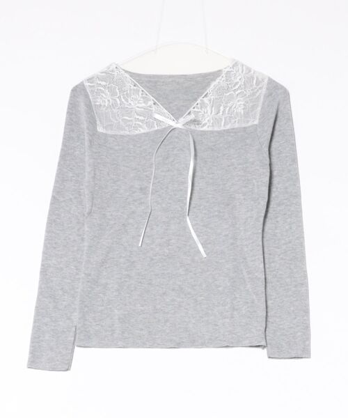 Sibra(シブラ)の「レース切替 リブニットトップス / スクエアネック リボンデザイン(Tシャツ/カットソー・レディース・グリーン/ブラック/アイボリー/グレー・M)」の3枚目の写真