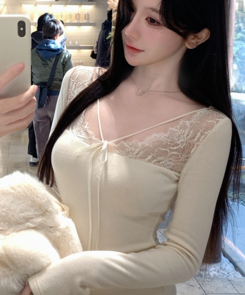 Sibra(シブラ)の「レース切替 リブニットトップス / スクエアネック リボンデザイン(Tシャツ/カットソー・レディース・グリーン/ブラック/アイボリー/グレー・M)」の6枚目の写真