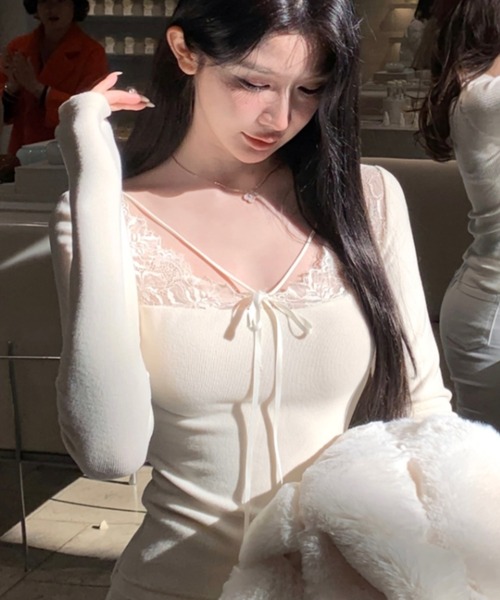 Sibra(シブラ)の「レース切替 リブニットトップス / スクエアネック リボンデザイン(Tシャツ/カットソー・レディース・グリーン/ブラック/アイボリー/グレー・M)」の8枚目の写真