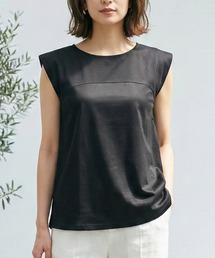 【接触冷感/上品な艶感】ダブルシルケットコットン ペプラム ノースリーブ トップス / 体型カバー フレアカットソー/袖なし