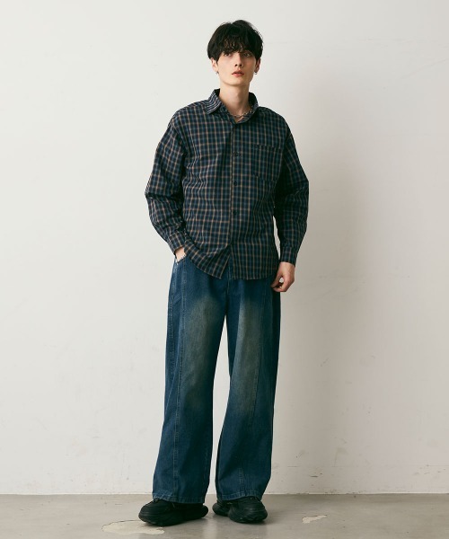 Shoowtime(ショウタイム)の「Cropped Check Shirt / クロップド丈チェックシャツ(シャツ/ブラウス・メンズ・レッド系/ベージュ系/ネイビー・MEDIUM/LARGE/X-LARGE)」の4枚目の写真