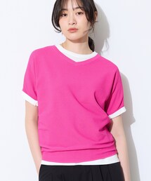 【洗える】ガーター編みVネックニットT