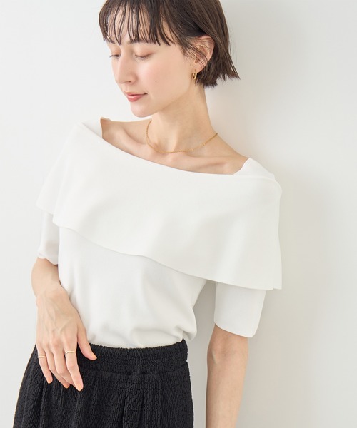ROPE' PICNIC(ロペピクニック)の「八方映えニット ハーフスリーブケープニットプルオーバー/UVカット・接触冷感・イージーケア(ニット/セーター・レディース・ブラック/ブラウン/オフホワイト/サックスブルー・FREE)」の2枚目の写真