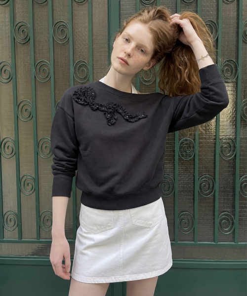 SINOON(シヌーン)の「Off Shoulder Frill Sweatshirt (Charcoal)(スウェット・レディース・チャコール・FREE)」の4枚目の写真