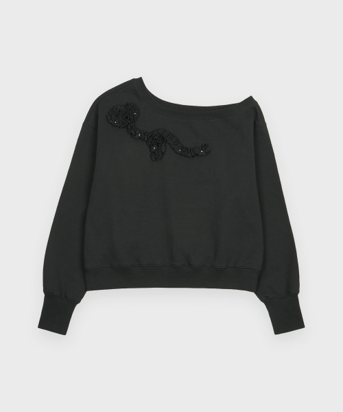 SINOON(シヌーン)の「Off Shoulder Frill Sweatshirt (Charcoal)(スウェット・レディース・チャコール・FREE)」の2枚目の写真