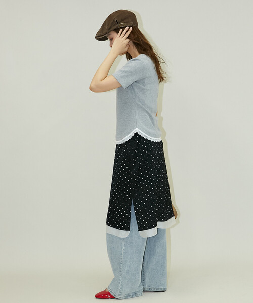 PUBLUX(パブリュクス)の「PUBLUX/パブリュクス 半袖 レース レイヤード風 ヘンリーネック カットソー(Tシャツ/カットソー・レディース・ネイビー/ブラック/グレー・フリ-)」の8枚目の写真