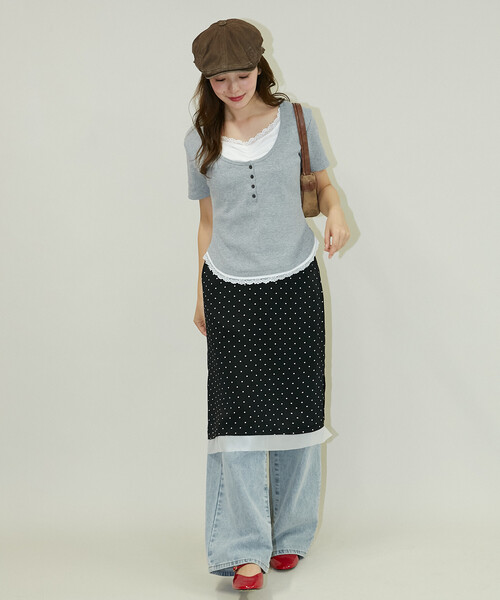 PUBLUX(パブリュクス)の「PUBLUX/パブリュクス 半袖 レース レイヤード風 ヘンリーネック カットソー(Tシャツ/カットソー・レディース・ネイビー/ブラック/グレー・フリ-)」の11枚目の写真