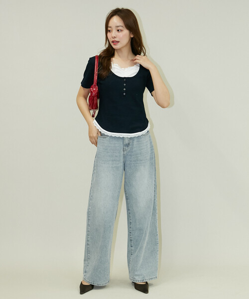 PUBLUX(パブリュクス)の「PUBLUX/パブリュクス 半袖 レース レイヤード風 ヘンリーネック カットソー(Tシャツ/カットソー・レディース・ネイビー/ブラック/グレー・フリ-)」の17枚目の写真