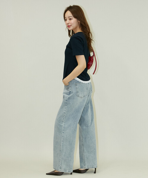 PUBLUX(パブリュクス)の「PUBLUX/パブリュクス 半袖 レース レイヤード風 ヘンリーネック カットソー(Tシャツ/カットソー・レディース・ネイビー/ブラック/グレー・フリ-)」の18枚目の写真