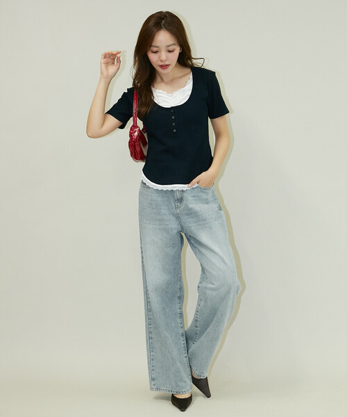 PUBLUX(パブリュクス)の「PUBLUX/パブリュクス 半袖 レース レイヤード風 ヘンリーネック カットソー(Tシャツ/カットソー・レディース・ネイビー/ブラック/グレー・フリ-)」の20枚目の写真