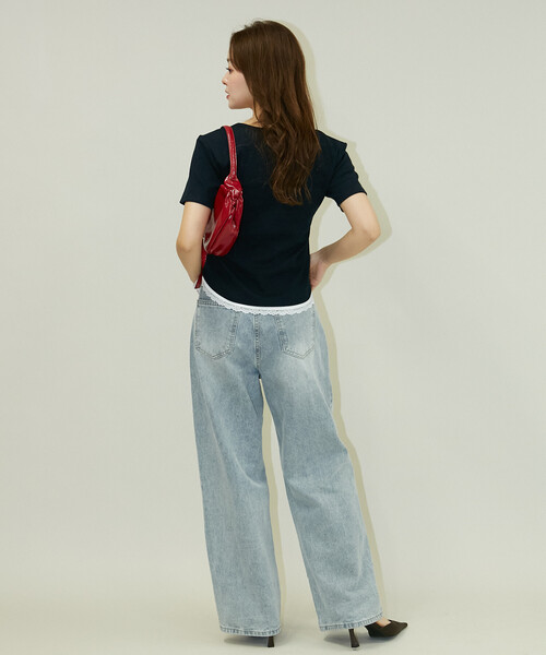 PUBLUX(パブリュクス)の「PUBLUX/パブリュクス 半袖 レース レイヤード風 ヘンリーネック カットソー(Tシャツ/カットソー・レディース・ネイビー/ブラック/グレー・フリ-)」の21枚目の写真