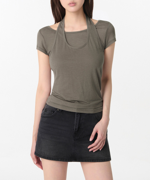 MUSINSA STANDARD WOMAN（ムシンサスタンダードウーマン）の「ウィメンズウールテンセルホルターレイヤードTシャツ[トープ]（Tシャツ/カットソー・レディース・その他・SMALL/MEDIUM/LARGE/X-SMALL）」の12枚目の写真