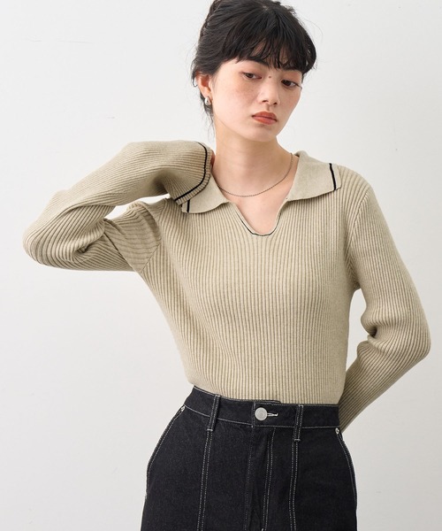 NOGLE(ノグル)の「【NOGLE/ノグル】襟付きラインフレアリブニット(ニット/セーター・レディース・グレイッシュベージュ/ライトグレー/ブラック/ブラウン/グレー/ネイビー・FREE)」の7枚目の写真