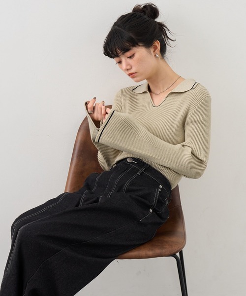 NOGLE(ノグル)の「【NOGLE/ノグル】襟付きラインフレアリブニット(ニット/セーター・レディース・グレイッシュベージュ/ライトグレー/ブラック/ブラウン/グレー/ネイビー・FREE)」の14枚目の写真