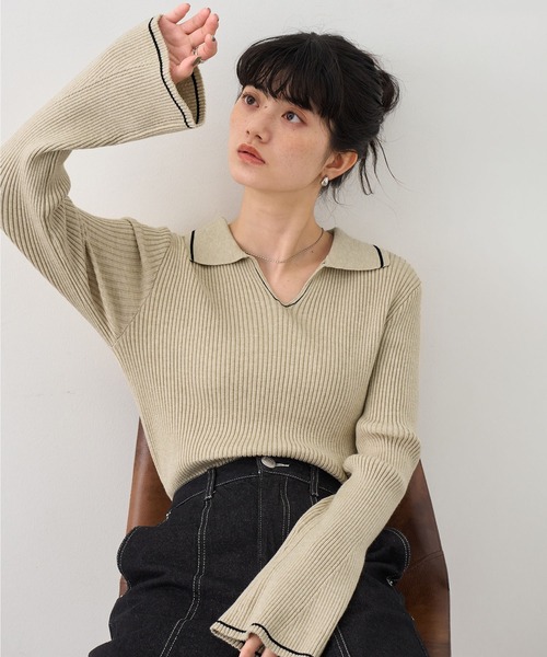NOGLE(ノグル)の「【NOGLE/ノグル】襟付きラインフレアリブニット(ニット/セーター・レディース・グレイッシュベージュ/ライトグレー/ブラック/ブラウン/グレー/ネイビー・FREE)」の8枚目の写真