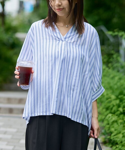 coen（コーエン）の「【接触冷感】リラクシースキッパー五分袖 ストライプシアーブラウス（シャツ/ブラウス・レディース・ブラック/ダークグレー/ベージュ/コバルトブルー・M/L）」の4枚目の写真