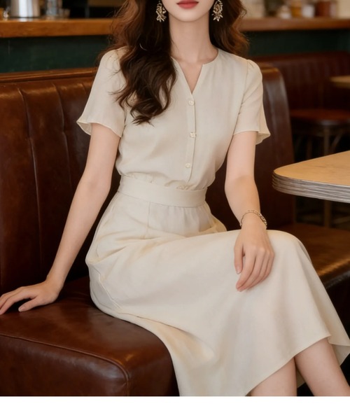 LUCPY(ラクピー)の「Vネックフレアスリーブロングワンピース(ワンピース・レディース・ピンク/アイボリー・SMALL/MEDIUM/LARGE/X-LARGE)」の3枚目の写真