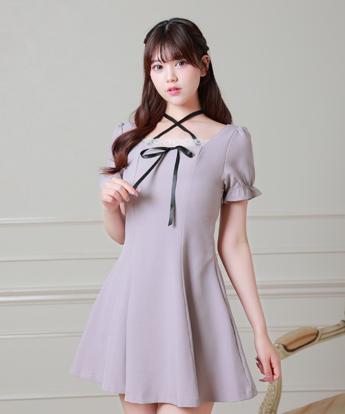 Anely(アネリー)の「Anely クロス リボン パフスリーブ ミニ ワンピース(ワンピース・レディース・ラベンダー/グレー/ブラック・FREE)」の3枚目の写真