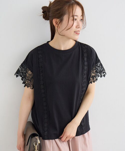 le.coeur blanc（ルクールブラン）の「レースドッキングカットソー（Tシャツ/カットソー・レディース・グレイッシュベージュ/ブラック/オフホワイト・38）」の9枚目の写真
