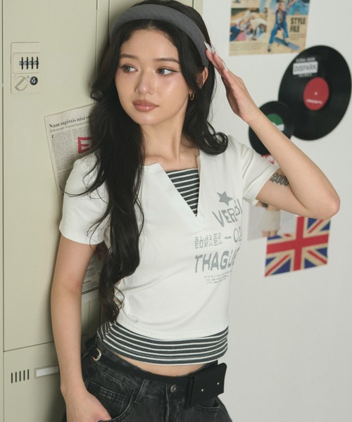 dispark(ディスパーク)の「DISPARK/【26年春夏新作】ストライプレイヤードクロップドT(Tシャツ/カットソー・レディース・ブラック/ホワイト・FREE)」の2枚目の写真