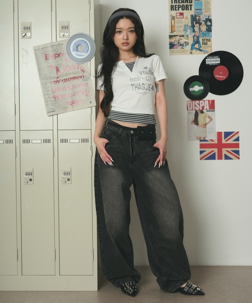 dispark(ディスパーク)の「DISPARK/【26年春夏新作】ストライプレイヤードクロップドT(Tシャツ/カットソー・レディース・ブラック/ホワイト・FREE)」の5枚目の写真