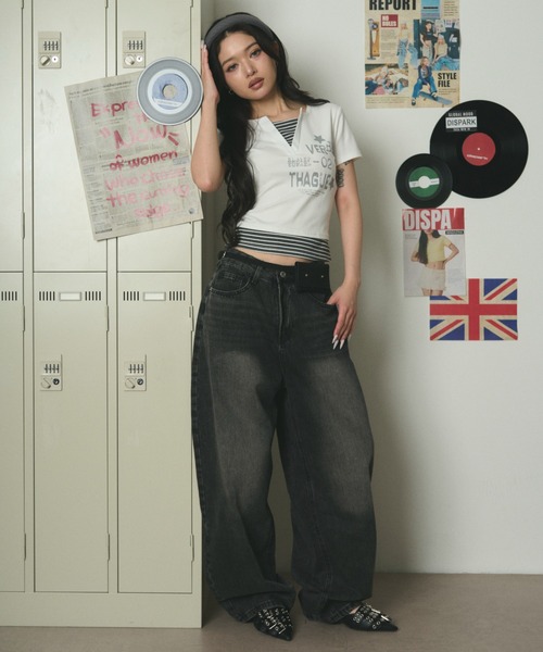 dispark(ディスパーク)の「DISPARK/【26年春夏新作】ストライプレイヤードクロップドT(Tシャツ/カットソー・レディース・ブラック/ホワイト・FREE)」の8枚目の写真