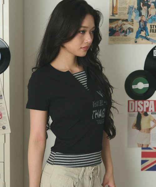 dispark(ディスパーク)の「DISPARK/【26年春夏新作】ストライプレイヤードクロップドT(Tシャツ/カットソー・レディース・ブラック/ホワイト・FREE)」の10枚目の写真