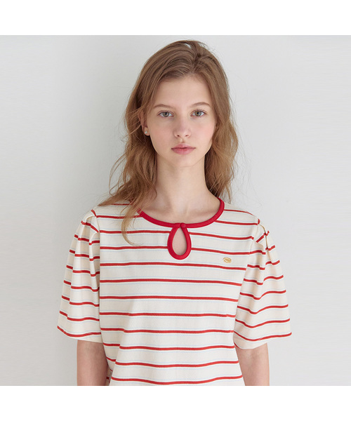 NONLOCAL(ノンローカル)の「パフスリーブストライプTシャツ - レッドストライプ(Tシャツ/カットソー・レディース・レッド・FREE)」の1枚目の写真