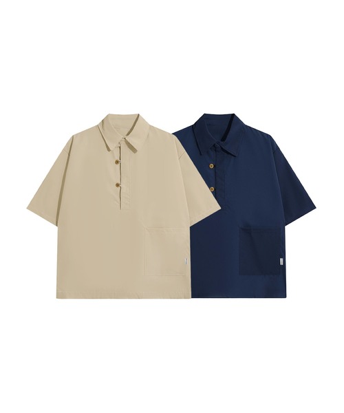 aimoha(アイモハ)の「【mens】ハーフボタン ビッグシルエット スキッパー 半袖プルオーバーシャツ(シャツ/ブラウス・メンズ・ベージュ/ネイビー・XX-LARGE/X-LARGE/LARGE/MEDIUM)」の3枚目の写真