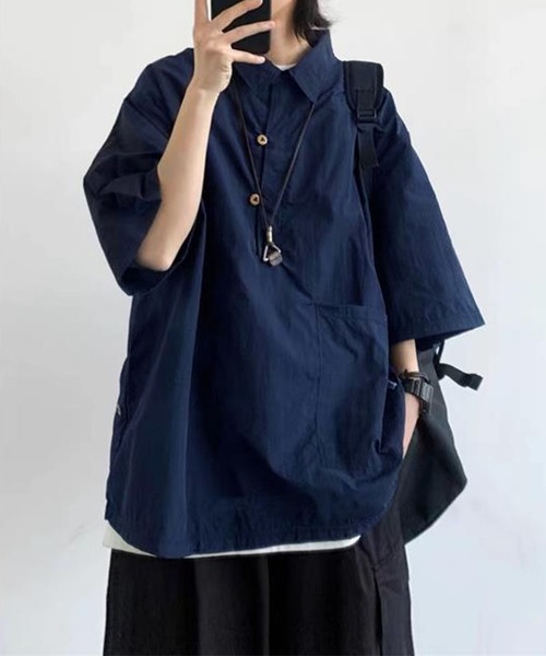 aimoha(アイモハ)の「【mens】ハーフボタン ビッグシルエット スキッパー 半袖プルオーバーシャツ(シャツ/ブラウス・メンズ・ベージュ/ネイビー・XX-LARGE/X-LARGE/LARGE/MEDIUM)」の9枚目の写真
