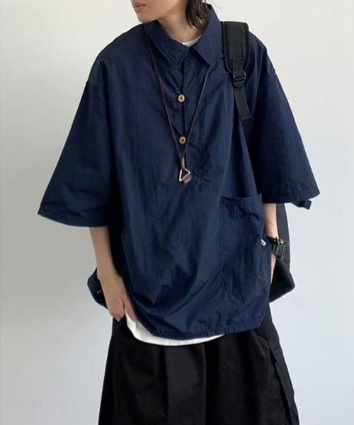 aimoha(アイモハ)の「【mens】ハーフボタン ビッグシルエット スキッパー 半袖プルオーバーシャツ(シャツ/ブラウス・メンズ・ベージュ/ネイビー・XX-LARGE/X-LARGE/LARGE/MEDIUM)」の10枚目の写真