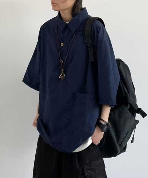 aimoha(アイモハ)の「【mens】ハーフボタン ビッグシルエット スキッパー 半袖プルオーバーシャツ(シャツ/ブラウス・メンズ・ベージュ/ネイビー・XX-LARGE/X-LARGE/LARGE/MEDIUM)」の11枚目の写真