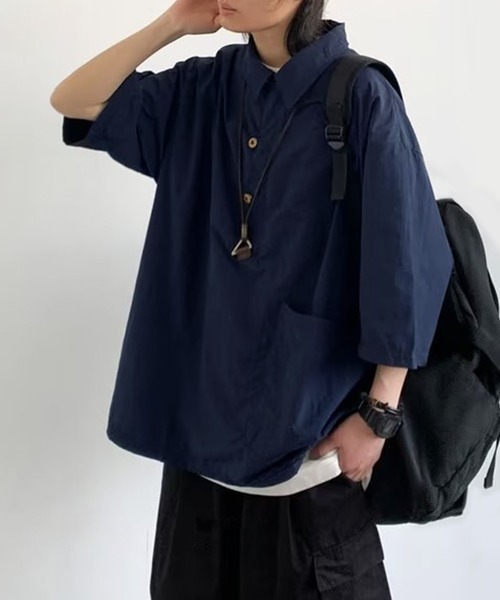 aimoha(アイモハ)の「【mens】ハーフボタン ビッグシルエット スキッパー 半袖プルオーバーシャツ(シャツ/ブラウス・メンズ・ベージュ/ネイビー・XX-LARGE/X-LARGE/LARGE/MEDIUM)」の12枚目の写真