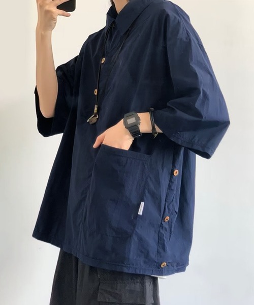 aimoha(アイモハ)の「【mens】ハーフボタン ビッグシルエット スキッパー 半袖プルオーバーシャツ(シャツ/ブラウス・メンズ・ベージュ/ネイビー・XX-LARGE/X-LARGE/LARGE/MEDIUM)」の14枚目の写真