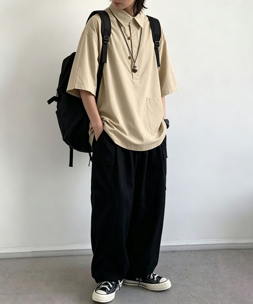 aimoha(アイモハ)の「【mens】ハーフボタン ビッグシルエット スキッパー 半袖プルオーバーシャツ(シャツ/ブラウス・メンズ・ベージュ/ネイビー・XX-LARGE/X-LARGE/LARGE/MEDIUM)」の17枚目の写真